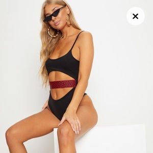 PrettyLittleThing Black One Piece Swimsuit with Red Detail